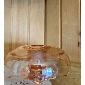 Vintage Pink Depression Elegant Glass Candle Holder Etched Floral Design